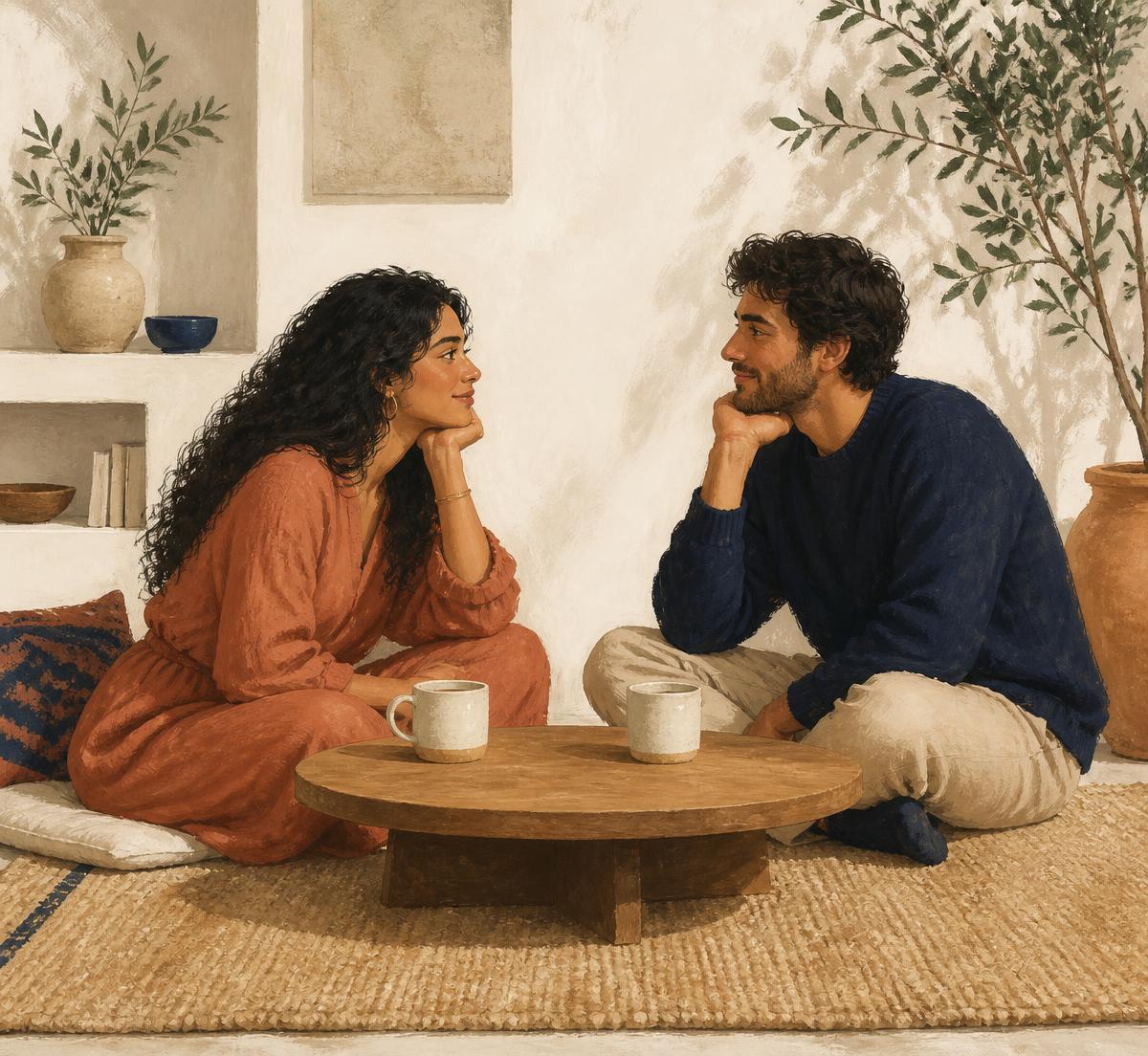 An illustrated couple sitting on the floor talking over coffee